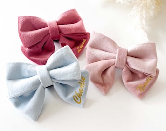 Personalised Dog Velvet Bow Tie Collar - Custom Name / Sailor Bow / Gold Print / Personalized Pet / Cat / Gifting / Baby Pink Blue Dark Pink