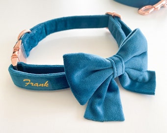 Blue Admiral - Velvet / Personalised Collar Sailor Bow Leash Set / Navy / Removable / Dog / Cat / Soft / Luxury / Handmade / Wedding