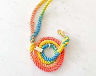 Blush - Rope Dog Lead / Leash / Gold Clip / 152cm long / Braided Fibre / Red / Orange / Yellow / Blue / Handmade / Natural dye