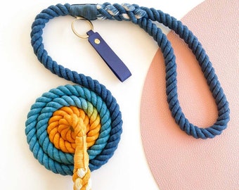 Seashore- Rope Dog Cat Pet Lead/ Dog Leash/ Pretty/ Rose Gold Clip/ 152cm/ Braided Fibre/Turquoise/Sea Blue/Yellow Gold/Handmade/Natural dye