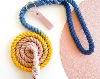 Daisy - Rope Dog Lead / Leash / Rose Gold Clip / 152cm long / Braided Fibre / Cotton / Blue Yellow Cream Pink / Handmade / Natural dye