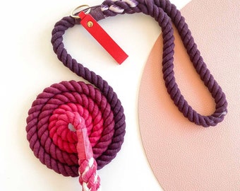 Magenta - Rope Dog Lead / Leash / Rose Gold Clip / 152cm long / Braided Fibre / Cotton / Dark Red Purple Lilac Iris / Handmade / Natural dye