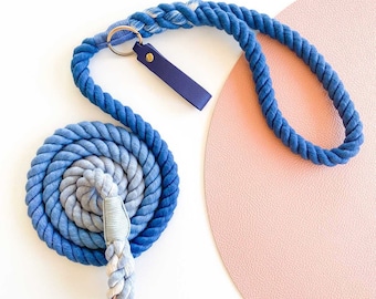 Azure Blue - Rope Dog Lead / Leash / Rose Gold Clip / 152cm long / Braided Fibre / Cotton / Navy / Lapis / Handmade / Natural dye/ Pretty