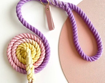 Orchid - Rope Dog Lead / Leash / Rose Gold Clip / 152cm long / Cotton / Braided Fibre / Purple / Pink / Yellow / Handmade / Natural dye