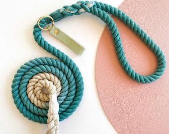 Turquoise - Rope Dog Lead / Leash / Rose Gold Clip / 152cm long / Braided Fibre / Cotton / Emerald Green White Cream/ Handmade / Natural dye