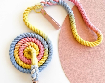 Beauty Blend - Rope Dog Lead / Leash / Rose Gold Clip / 152cm / Braided Fibre / Cotton / Rainbow Pink Blue Yellow / Handmade / Natural dye