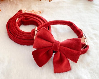 Christmas Red Celebration - Velvet / Collar Sailor Bow Leash Set / Removable / Dog / Cat / Super Soft / Luxury / Handmade / Wedding