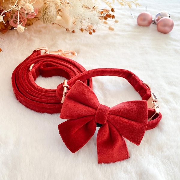 Christmas Red Celebration - Velours / Collier Sailor Bow Leash Set / Amovible / Chien / Chat / Super Doux / Luxe / Fait à la main / Mariage