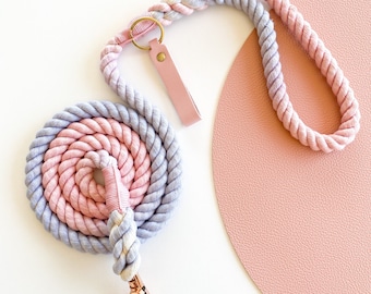 Pink Aurora - Rope Dog Lead / Leash / Rose Gold Clip / 152cm long / Braided Fibre / Cotton / Baby Pink Blue / Handmade / Natural dye/ Pretty