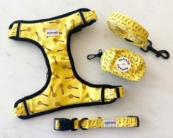 Hey Honey - Dog Cat Harness Set / Matching Lead / Leash Collar Waste Bag / Pattern / Adjustable / Puppy / Yellow / Cute / Honeycomb Print