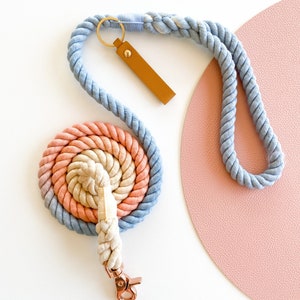 Peach Cerulean - Rope Dog Lead / Dog Leash / Rose Gold Clip / 152cm long / Braided Fibre / Blue / Orange/Cream White/ Handmade / Natural dye