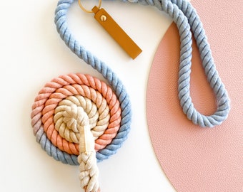 Peach Cerulean - Rope Dog Lead / Dog Leash / Rose Gold Clip / 152cm long / Braided Fibre / Blue / Orange/Cream White/ Handmade / Natural dye