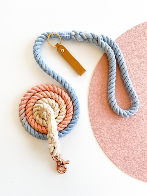 Peach Cerulean - Rope Dog Lead / Dog Leash / Rose Gold Clip / 152cm long / Braided Fibre / Blue / Orange/Cream White/ Handmade / Natural dye