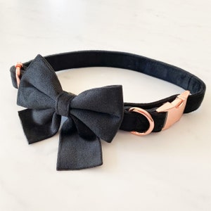 May include: Black velvet dog collar with a matching black velvet bow tie and a rose gold buckle.