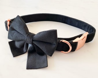 Black Onyx - Velvet / Collar Bow Set / Removable / Dog / Cat / Accessory / Rose Gold / Basic / Super Soft / Luxury / Handmade / Wedding