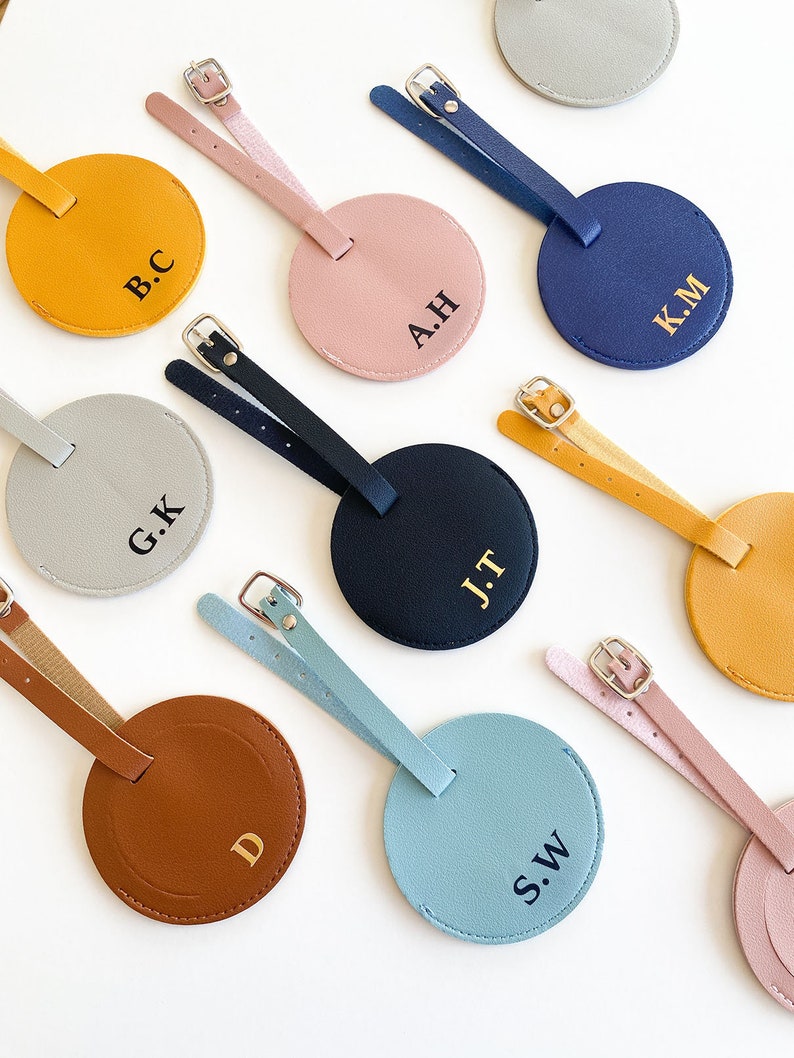 Personalised luggage tag travel gift/birthday/ wedding/ PU leather / custom name / grey / pink / blue / black / brown / mustard / initials image 10