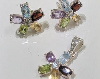 Australian seller stock - 925 sterling silver MULTI colour Genuine Gemstones Blue Topaz Amethyst Peridot Citrine Garnet Earrings & Pendant