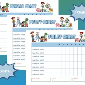 May include: A set of three digital reward charts featuring characters from a popular animated film. The charts include a task list, potty chart, and toilet chart, all with a light blue and white color scheme. The text "Reward Chart", "Potty Chart", and "Toilet Chart" are displayed.