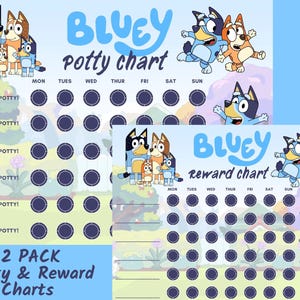 Puede incluir: Dos gráficos de Bluey para el orinal y recompensas. Los gráficos presentan personajes de dibujos animados y el texto "Bluey Potty Chart" y "Bluey Reward Chart". Cada gráfico tiene espacios para rastrear el progreso, con el texto "I used the potty!"