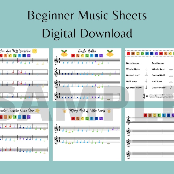 Learn Piano Music Sheets // Beginner Music Notes // Colour Piano Tab Cut Outs // You Are My Sunshine // Jingle Bells