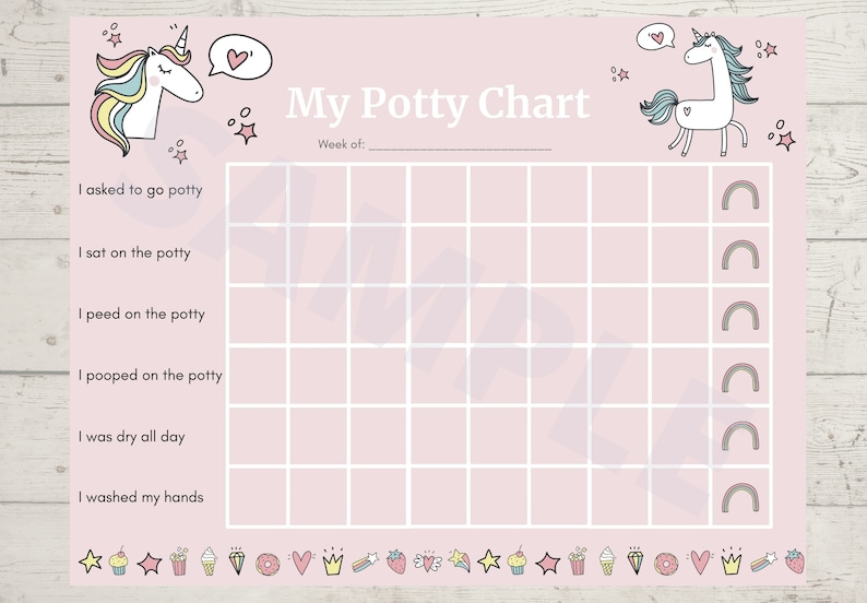 May include: A pink and white potty training chart with a unicorn illustration and the text "My Potty Chart". The chart has spaces for each day of the week and includes the following tasks: "I asked to go potty", "I sat on the potty", "I peed on the potty", "I pooped on the potty", "I was dry all day", and "I washed my hands".