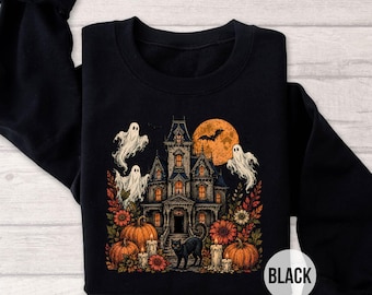 Haunted House Halloween Sweatshirt, Ghost Pumpkin Shirt, Spooky Season Crewneck, Gothic Haunted Mansion, Black Cat Fall Gift