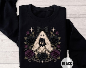Ghost Cat Halloween Sweatshirt, Cute Ghost Black Cat Shirt, Gothic Rose Crewneck, Spooky Season Sweater, Witchy Cat Gift
