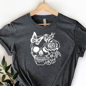 Skull Flower Shirt, Flower Skull Shirt, Sugar Skull Shirt, Crew Neck Shirt, Bohemian Graphic Tee, Boho Shirt, Skeleton Shirt,Funny Skull Tee