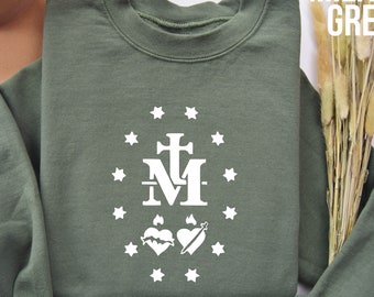 Miraculous Medal Marian Cross Sweatshirt, Catholic Christian Gift Pullover, Virgin Mary Religious Sweater, Faith Based Apparel Top