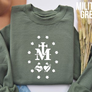Miraculous Medal Marian Cross Sweatshirt, Catholic Christian Gift Pullover, Virgin Mary Religious Sweater, Faith Based Apparel Top