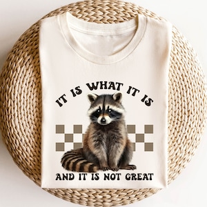 Pu&ograve; includere: Una maglietta bianca con un'illustrazione di procione e il testo "It is what it is and it is not great".