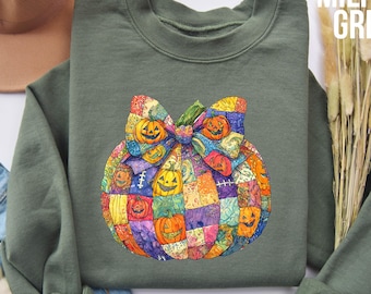 Patchwork Pumpkin Sweatshirt, Quilted Fall Crewneck with Bow, Cozy Autumn Pullover, Cute Pumpkin Lover Sweater, Thanksgiving Outfit