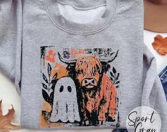 Retro Highland Cow Ghost Sweatshirt, Spooky Season Pullover, Funny Fall Halloween Sweater, Cute Highland Cow Graphic Top
