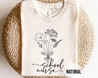 School Nurse Shirt, Floral Botanical Nursing T-Shirt, Gift for School Nurse Appreciation, Minimalist Aesthetic Health Office Nurse Tee