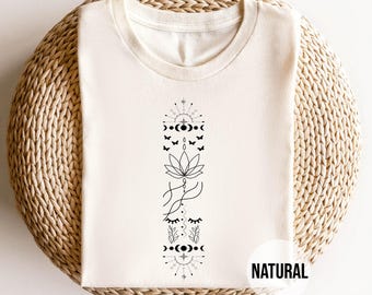Boho Lotus Moon Yoga Shirt, Celestial Line Art Mindfulness Tee, Zen Meditation Top, Spiritual Butterfly Flower Graphic T-Shirt Gift for Her