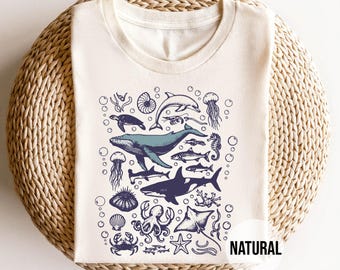 Ocean Life Shirt, Marine Biology Tee, Vintage Sea Creature T-Shirt, Scuba Diver Gift, Octopus & Whale Nature Lover Top, Nautical Aesthetic