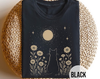 Cat Moon Shirt, Minimalist Cat Lover T-Shirt, Night Sky Floral Tee, Aesthetic Nature Top, Gift for Cat Mom, Moonlight Kitty Graphic Tee