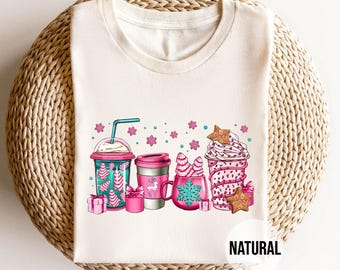Christmas Drinks T-Shirt, Holiday Coffee Shirt, Pink Hot Cocoa Tee, Festive Gift Shirt for Winter Lovers