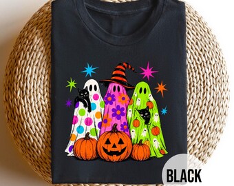 Cute Ghost Halloween Shirt, Black Cat Ghost Tee, Spooky Pumpkin Shirt, Boo Crew Graphic Tee, Witchy Fall Halloween Gift