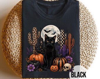 Black Cat Halloween Shirt, Spooky Cat Tee, Witchy Fall Shirt, Pumpkin Moon Graphic Tee, Cat Lover Gift, Cute Autumn Tee