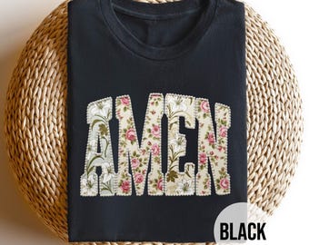 Amen Floral T-Shirt, Vintage Botanical Christian Gift for Women, Aesthetic Faith Based Apparel, Dark Gray Heather Religious Shirt