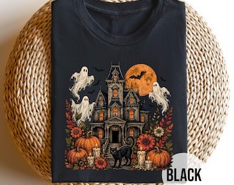 Haunted House Halloween Shirt, Ghost Pumpkin Tee, Black Cat Gothic Shirt, Spooky Haunted House Tee, Witchy Fall Gift
