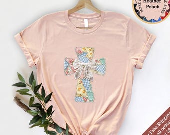 Patchwork Cross Shirt with Bow, Coquette Easter Tee, Floral Christian Gift for Her, Religious Faith Based Top, Cute Shabby Chic Cross Shirt