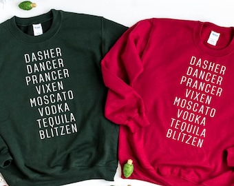 Funny Christmas Sweatshirt: Reindeer Names & Drinks