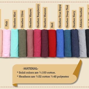 May include: A color chart of fabric swatches showing 15 different colors, including white, pink, heather mint, heather olive, heather mauve, heather raspberry, heather maroon, red, heather true royal, heather deep teal, heather navy, athletic heather, dark grey heather, and black. The text "MATERIAL" is written in black on a tan background, followed by "Solid colors are %100 cotton. Heathers are %52 cotton %48 polyester."