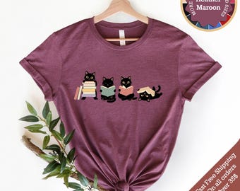 Book Lover Cat Shirt, Reading Cats T-Shirt, Cute Black Cat Tee, Bookish Cat Shirt, Reader Gift, Librarian Shirt, Cat Mom Gift