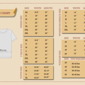 May include: Size chart for t-shirts with measurements in inches. The chart includes sizes for unisex, women's racerback, v-neck, toddler, and youth sizes.