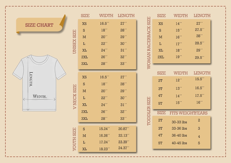 May include: Size chart for t-shirts with measurements in inches. The chart includes sizes for unisex, women's racerback, v-neck, toddler, and youth sizes.