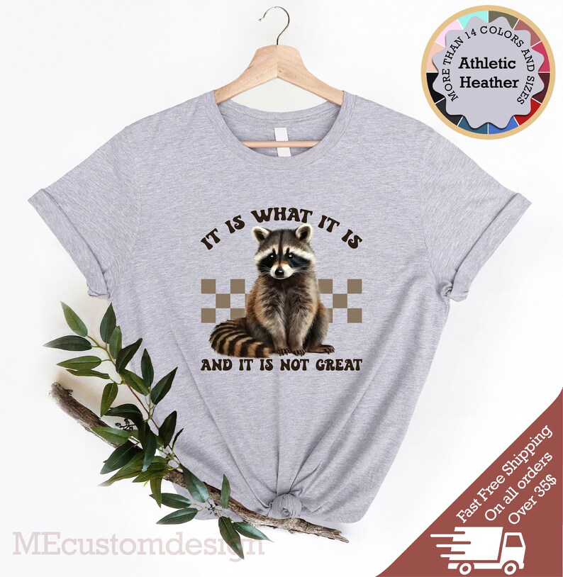 Pu&ograve; includere: Maglietta grigia con un grafico di un procione e il testo "IT IS WHAT IT IS AND IT IS NOT GREAT".