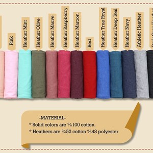 Pu&ograve; includere: Una cartella colori di campioni di tessuto che mostra 15 colori diversi, tra cui bianco, rosa, menta melange, oliva melange, malva melange, lampone melange, marrone melange, rosso, blu reale melange, blu petrolio melange, blu navy melange, grigio melange atletico, grigio scuro melange e nero. Il testo "MATERIAL" &egrave; scritto in nero su uno sfondo beige, seguito da "Solid colors are %100 cotton. Heathers are %52 cotton %48 polyester."